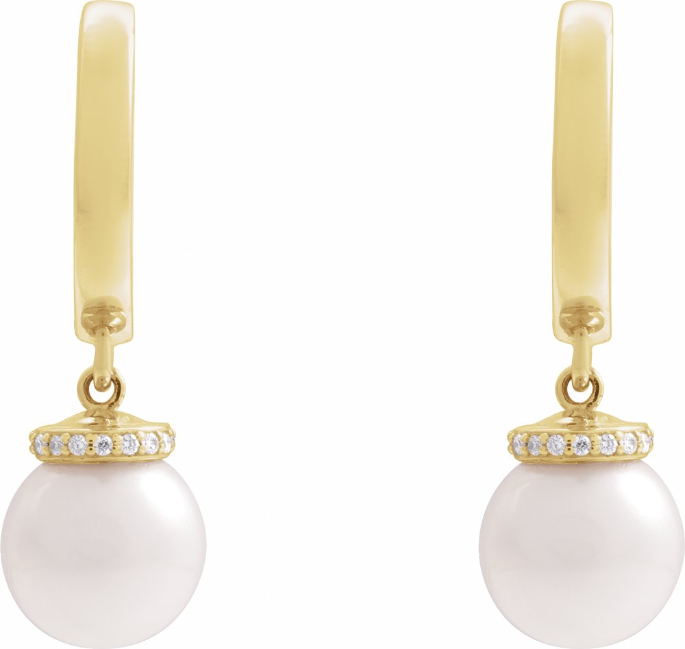 14K Yellow Gold Cultured White Akoya Pearl & .07 CTW Natural Diamond Hinged 14.2 mm Hoop Earrings
