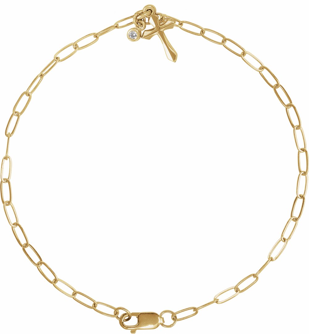 14K Yellow Gold .03 CTW Natural Diamond Cross Charm 7" Bracelet