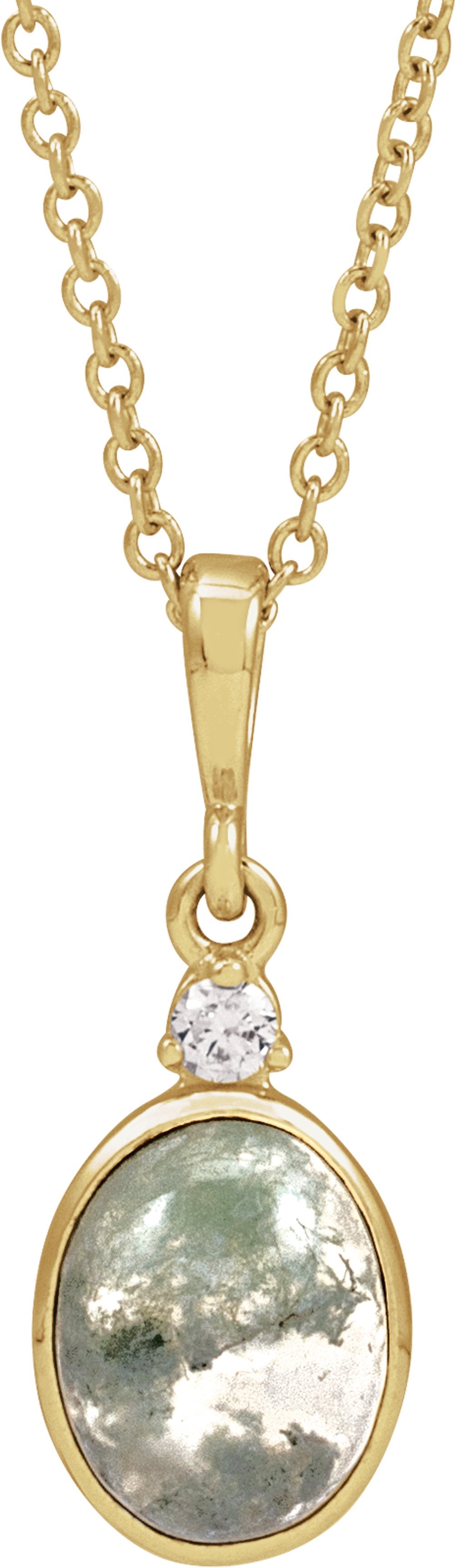 14K Yellow Gold 8x6 mm Natural Moss Agate & .03 CTW Natural Diamond 16-18" Necklace