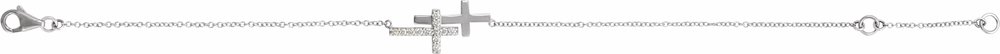 Sterling Silver Imitation Cubic Zirconia Double Sideways Cross 7-8" Bracelet