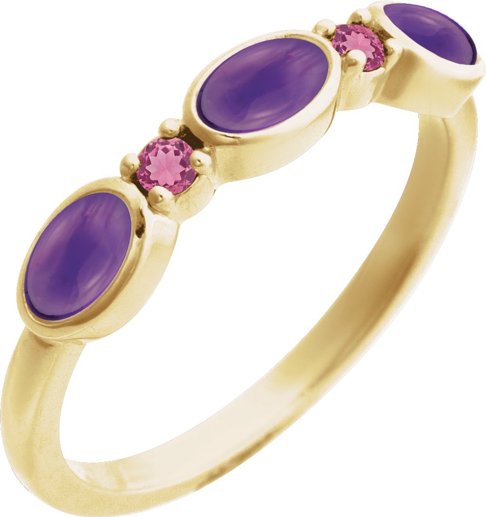 14K Yellow Gold Natural Amethyst & Natural Pink Tourmaline Stackable Ring