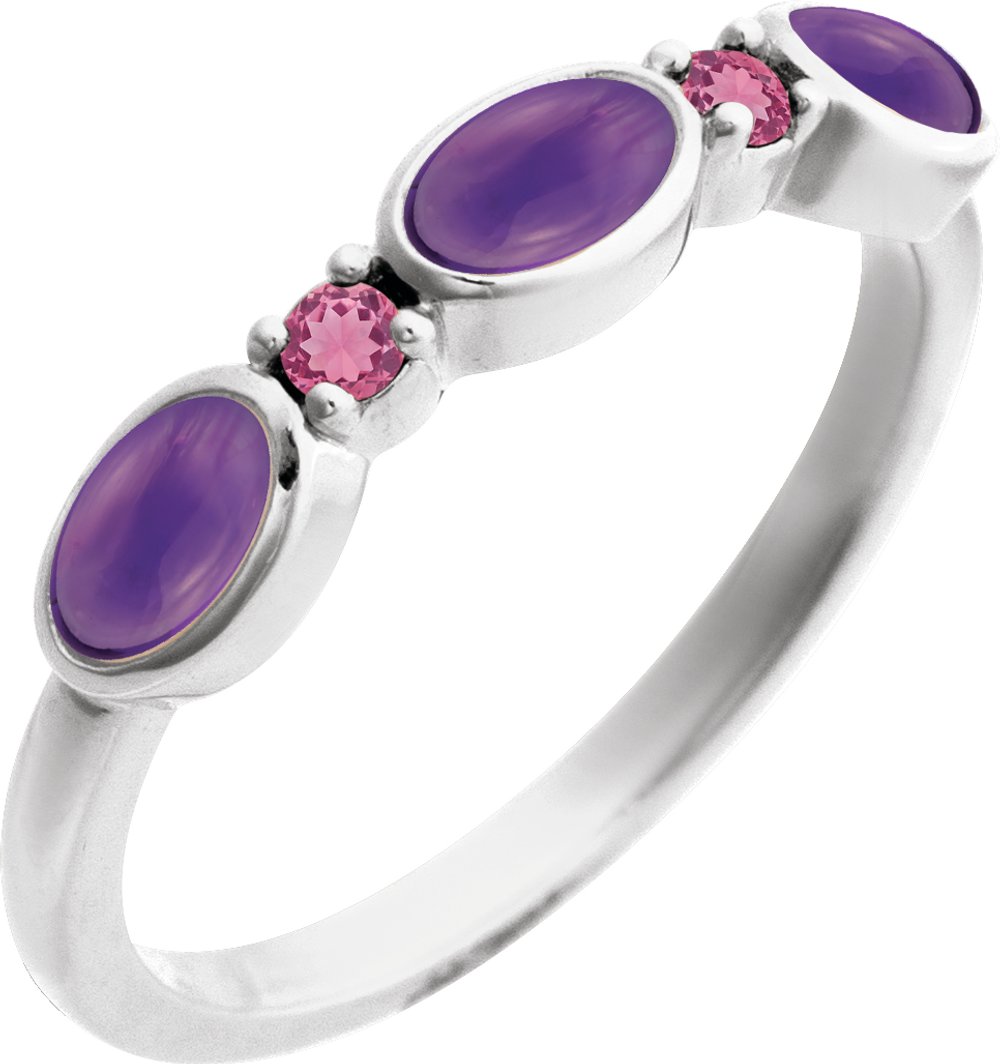 Sterling Silver Natural Amethyst & Natural Pink Tourmaline Stackable Ring