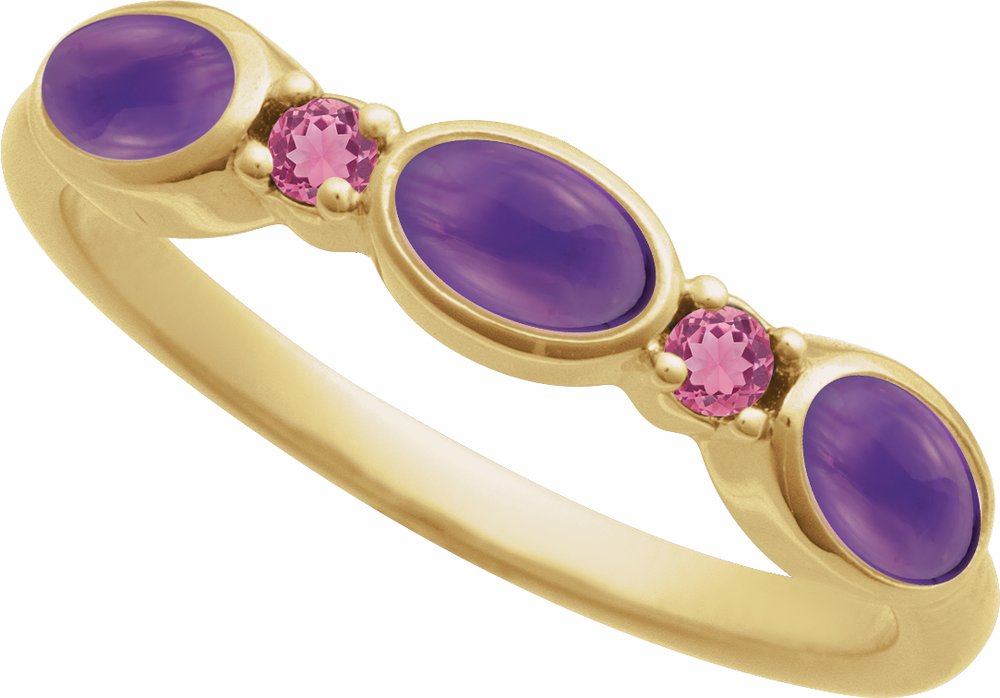 14K Yellow Gold Natural Amethyst & Natural Pink Tourmaline Stackable Ring
