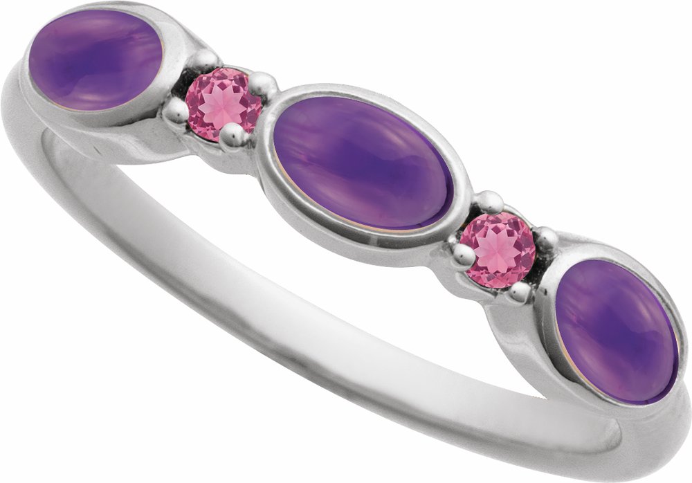 Sterling Silver Natural Amethyst & Natural Pink Tourmaline Stackable Ring
