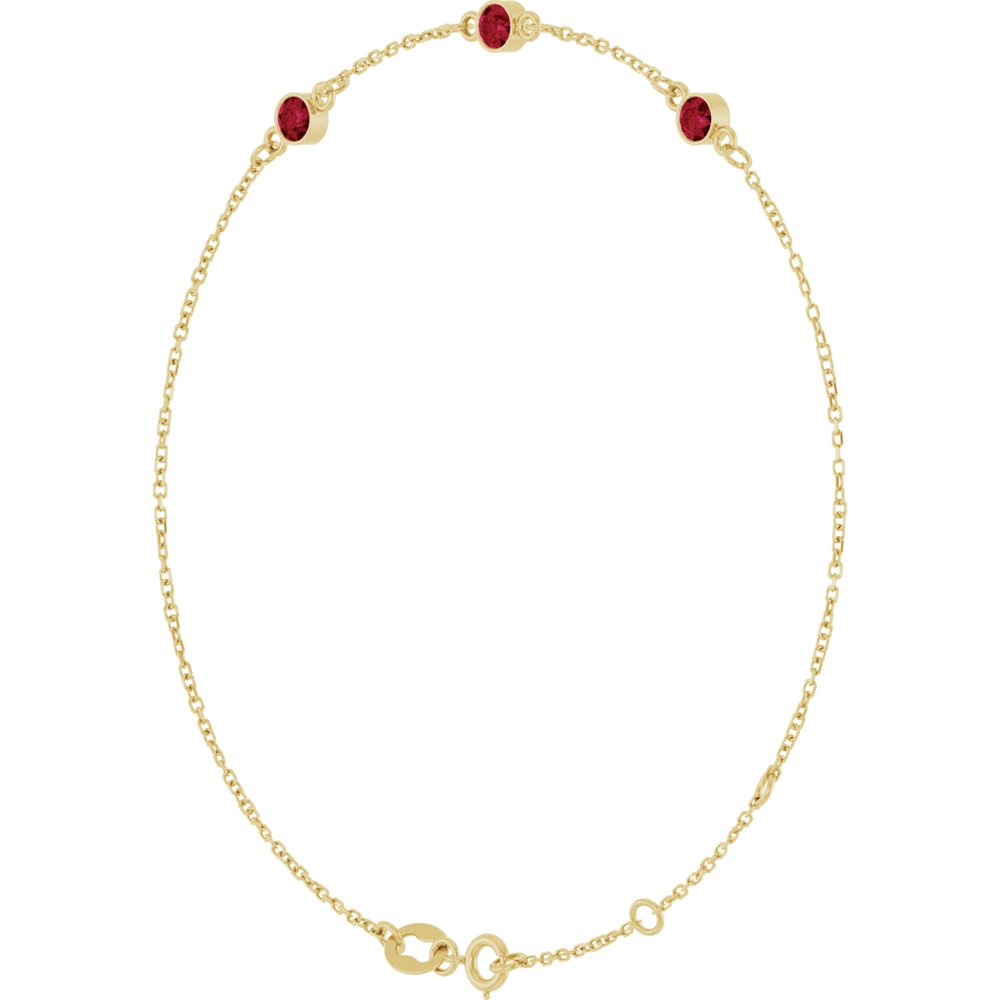 14K Yellow Gold Lab-Grown Ruby Bezel-Set Three-Stone 6 1/2-7 1/2" Bracelet