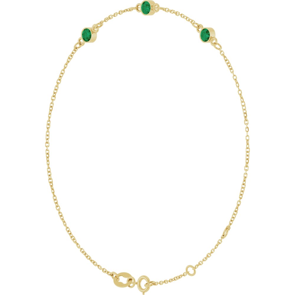 14K Yellow Gold Lab-Grown Emerald Bezel-Set Three-Stone 6 1/2-7 1/2" Bracelet