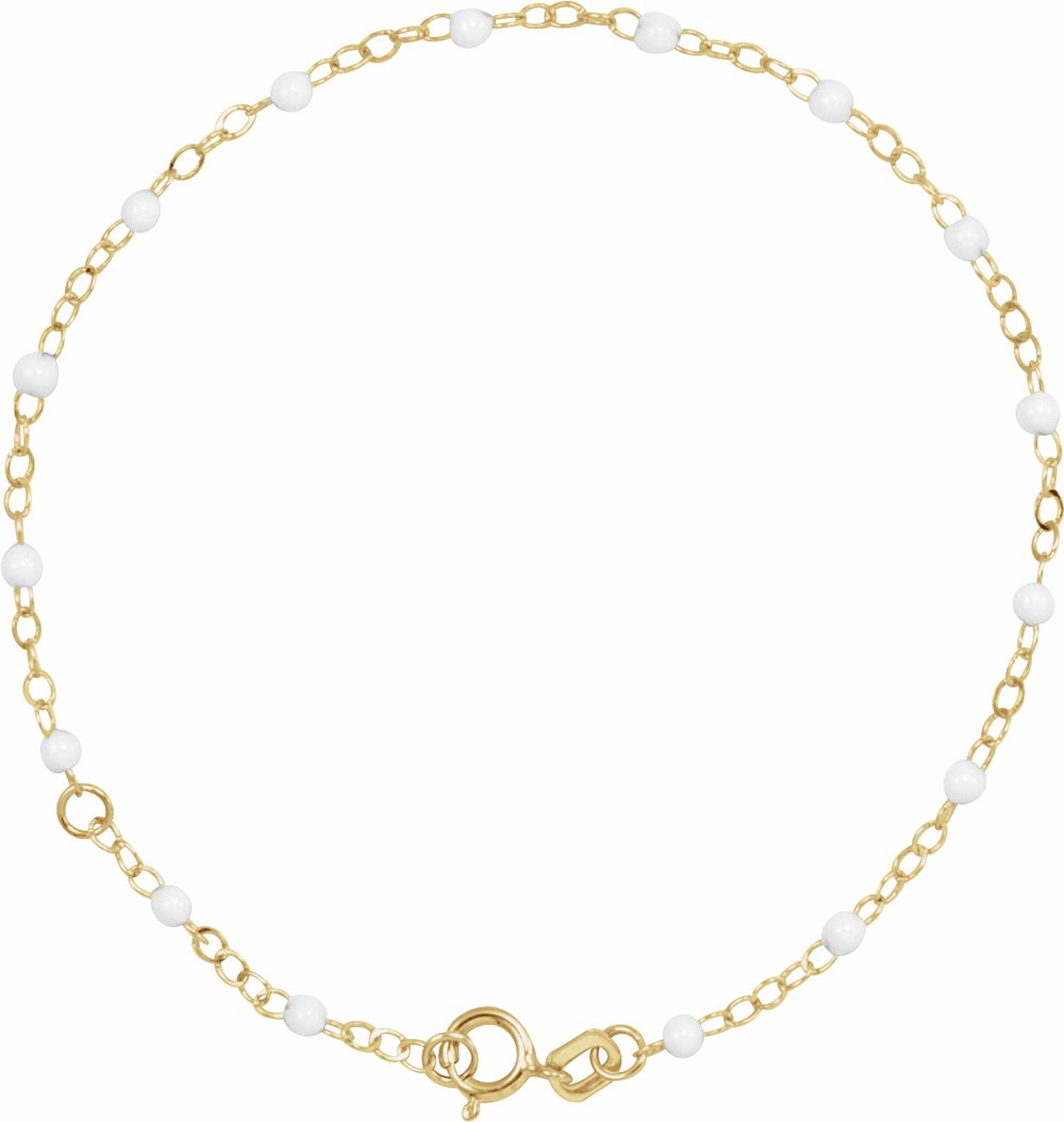 14K Yellow Gold 2 mm Adjustable White Enamel Bead 6-7" Chain