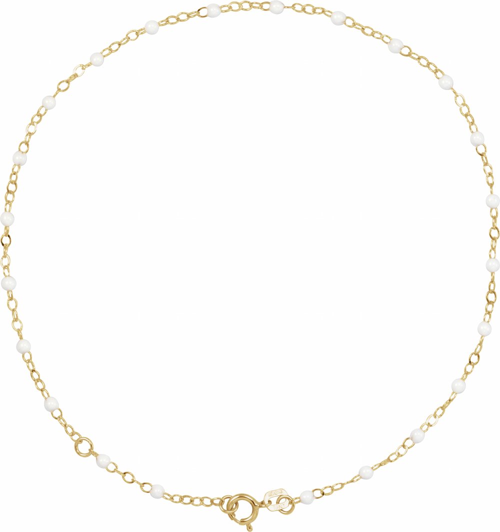 14K Yellow Gold 2 mm Adjustable White Enamel Bead 9-10" Chain