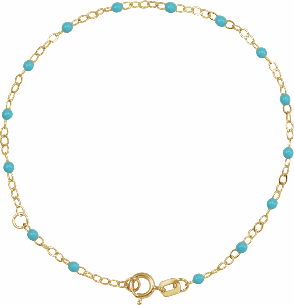 14K Yellow Gold 2 mm Adjustable Turquoise Enamel Bead 6-7" Chain