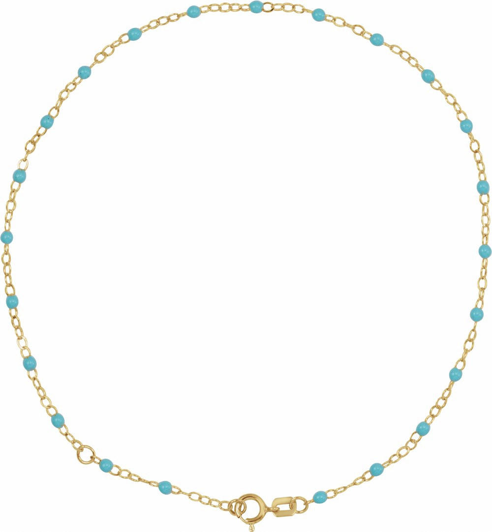 14K Yellow Gold 2 mm Adjustable Turquoise Enamel Bead 9-10" Chain