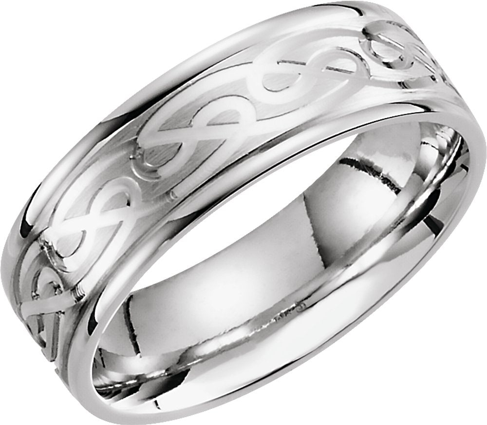 14K White Gold 7 mm Celtic-Inspired Grooved Comfort-Fit Flat Band Size 14.5