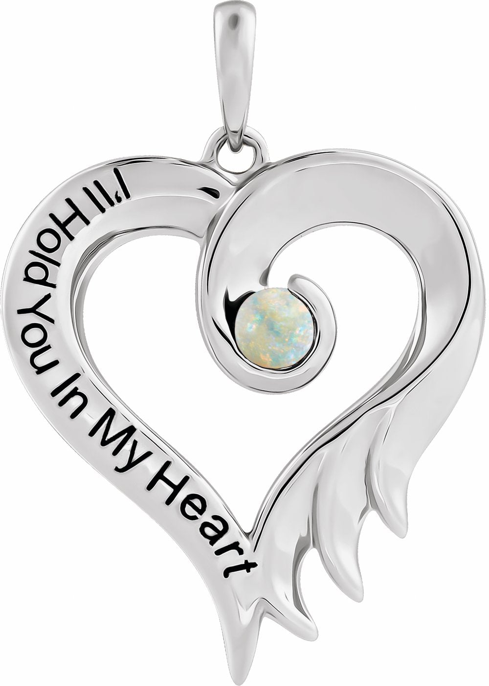 Sterling Silver Lab-Grown White Opal & Engraved I'll Hold You In My Heart Pendant