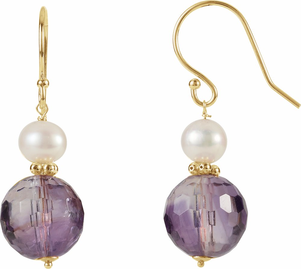 14K Yellow Gold Natural Amethyst & Cultured White Freshwater Pearl Earrings