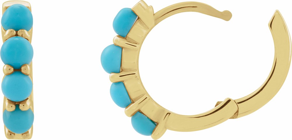 14K Yellow Gold Natural Turquoise Cabochon Hinged 14.7 mm Hoop Earrings