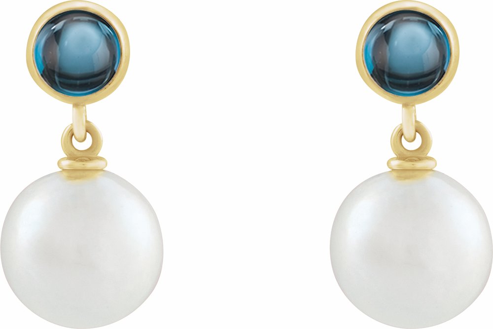 14K Yellow Gold Cultured White Freshwater Pearl & Natural London Blue Topaz Cabochon Earrings