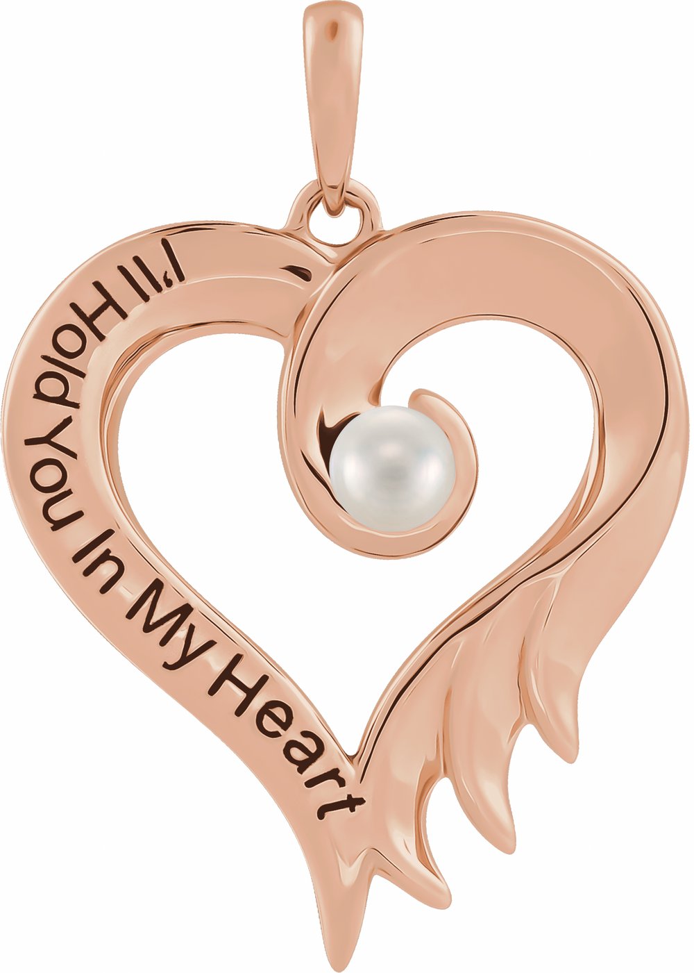 14K Rose Gold Cultured White Freshwater Pearl & Engraved I'll Hold You In My Heart Pendant