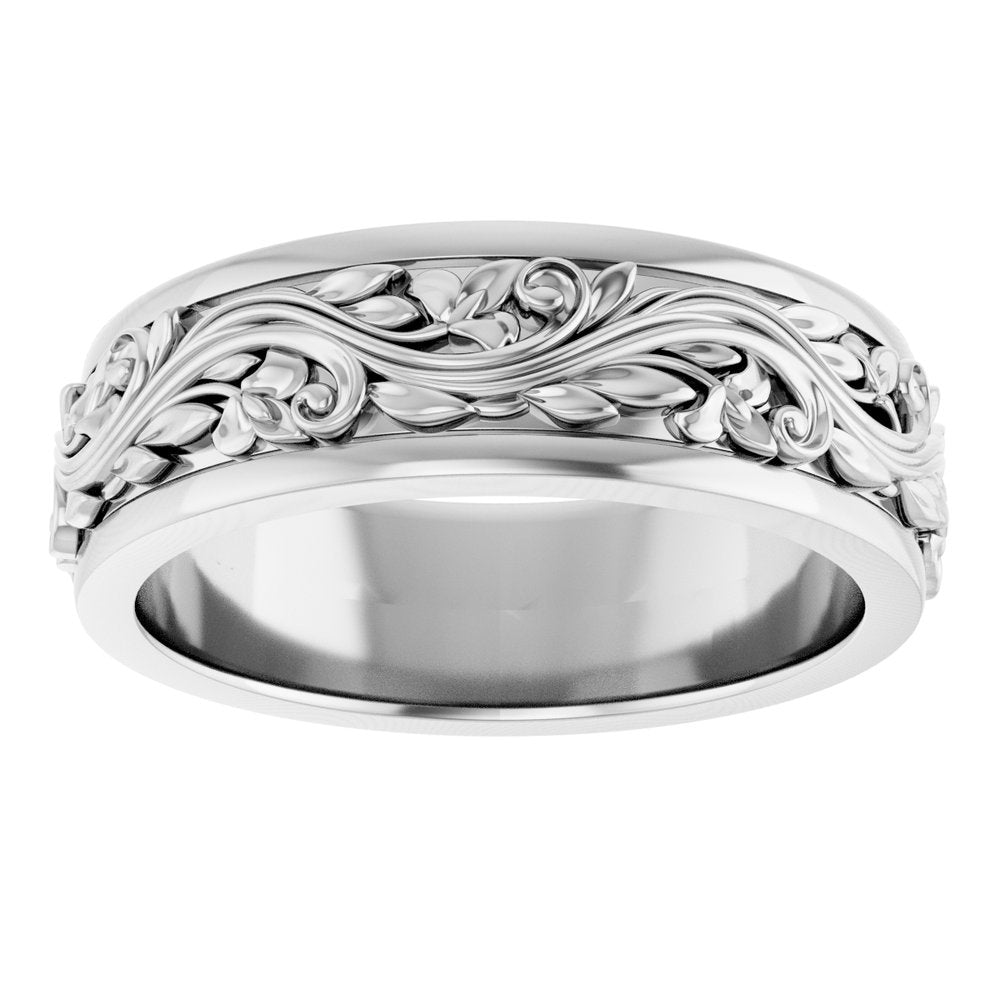 14K White Gold 6 mm Floral Inlay Flat Band Size 8
