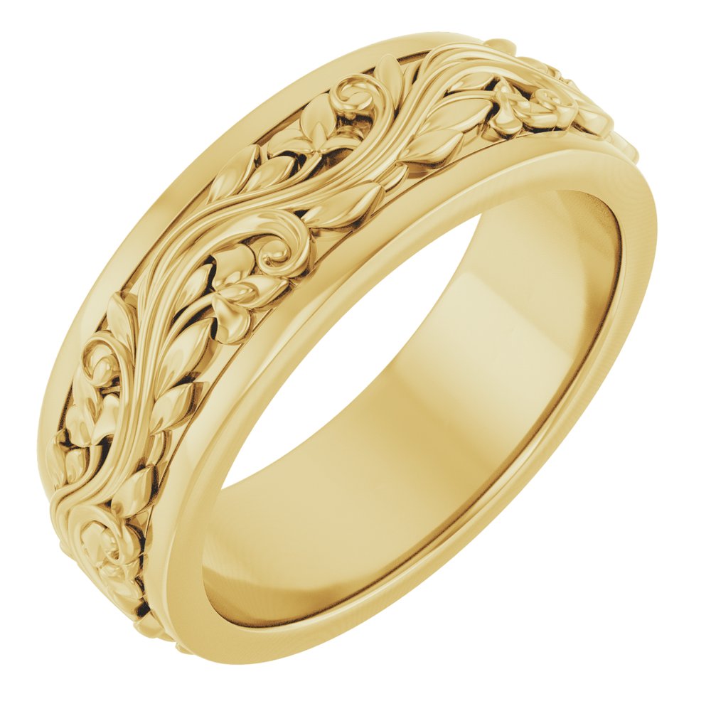 14K Yellow Gold 6 mm Floral Inlay Flat Band Size 7