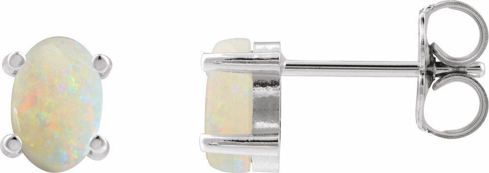 14K White Gold 6x4 mm Oval Natural White Opal Earrings