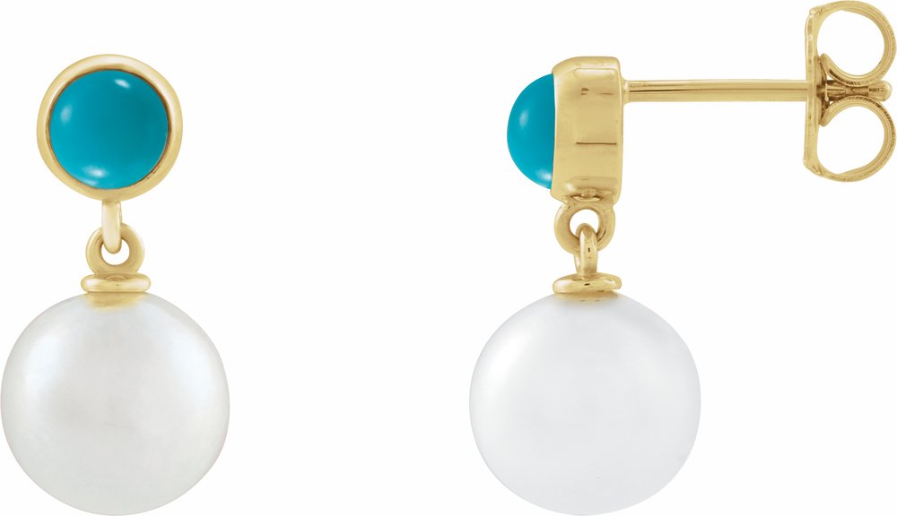 14K Yellow Cultured White Freshwater Pearl & Natural Turquoise Cabochon Earrings