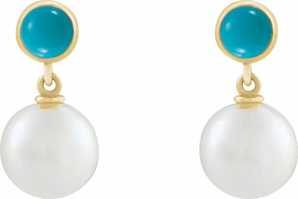 14K Yellow Cultured White Freshwater Pearl & Natural Turquoise Cabochon Earrings