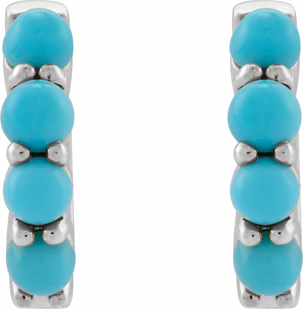 14K White Gold Natural Turquoise Cabochon Hinged 14.7 mm Hoop Earrings