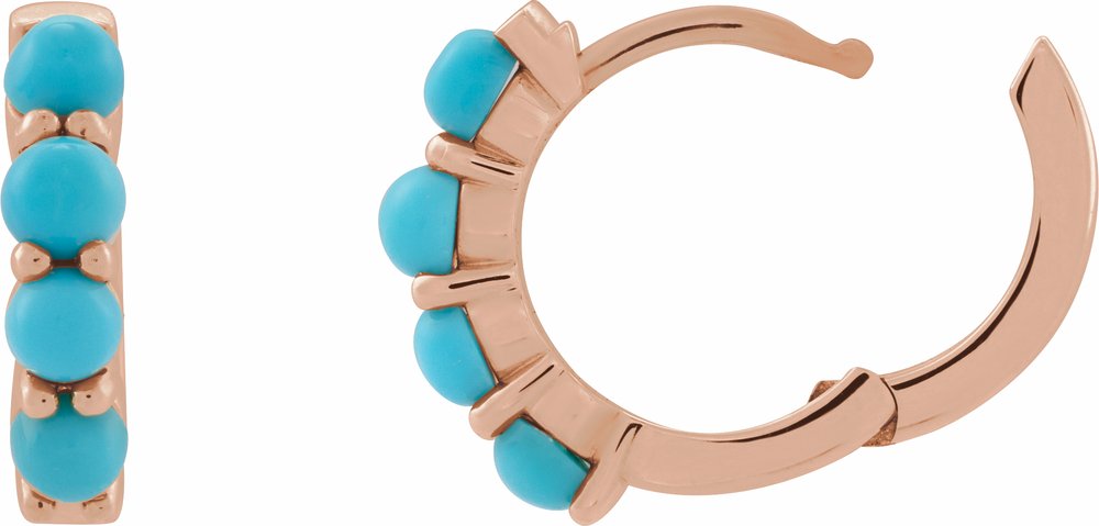 14K Rose Natural Turquoise Cabochon Hinged 14.7 mm Hoop Earrings