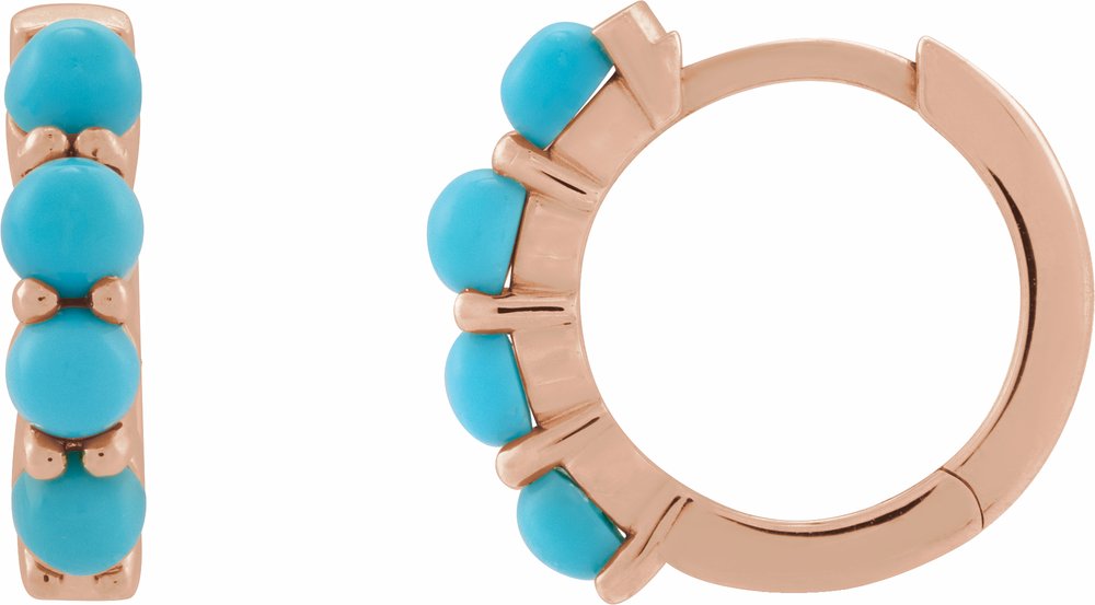 14K Rose Natural Turquoise Cabochon Hinged 14.7 mm Hoop Earrings
