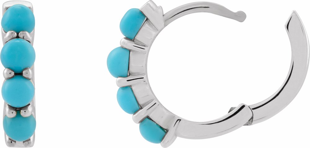 14K White Gold Natural Turquoise Cabochon Hinged 14.7 mm Hoop Earrings