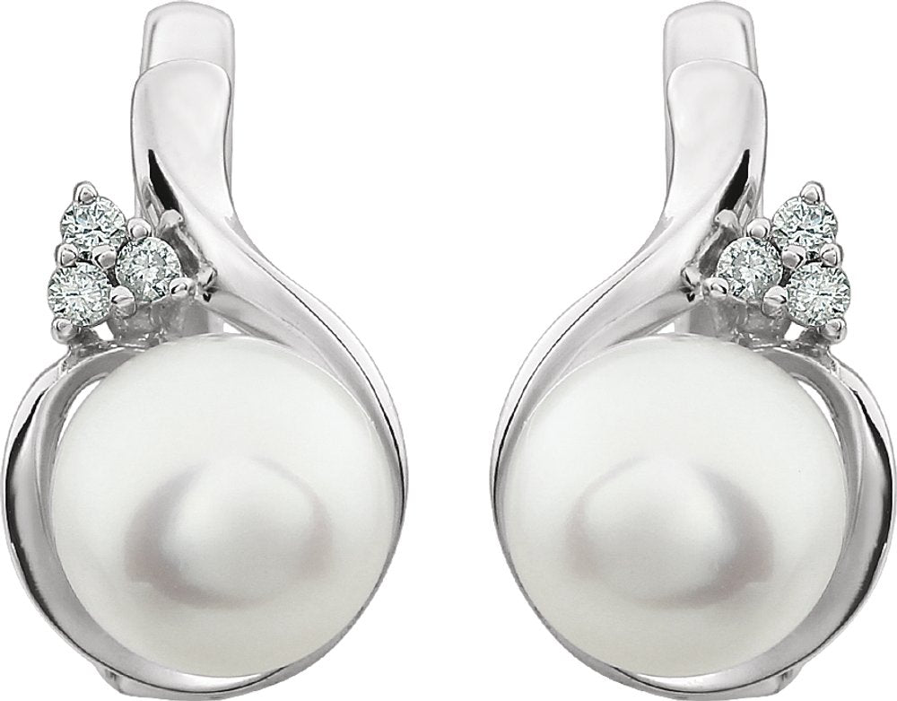 14K White Cultured White Freshwater Pearl & .08 CTW Natural Diamond Earrings