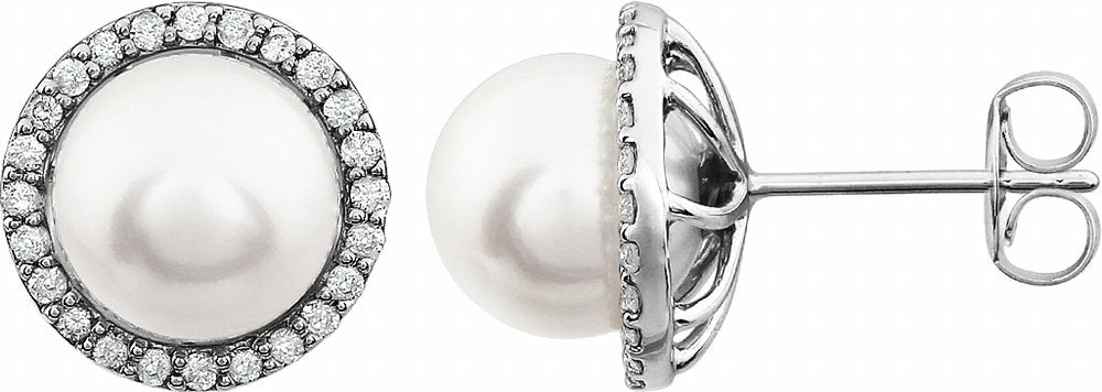 14K White Gold Cultured White Freshwater Pearl & 1/4 CTW Natural Diamond Earrings
