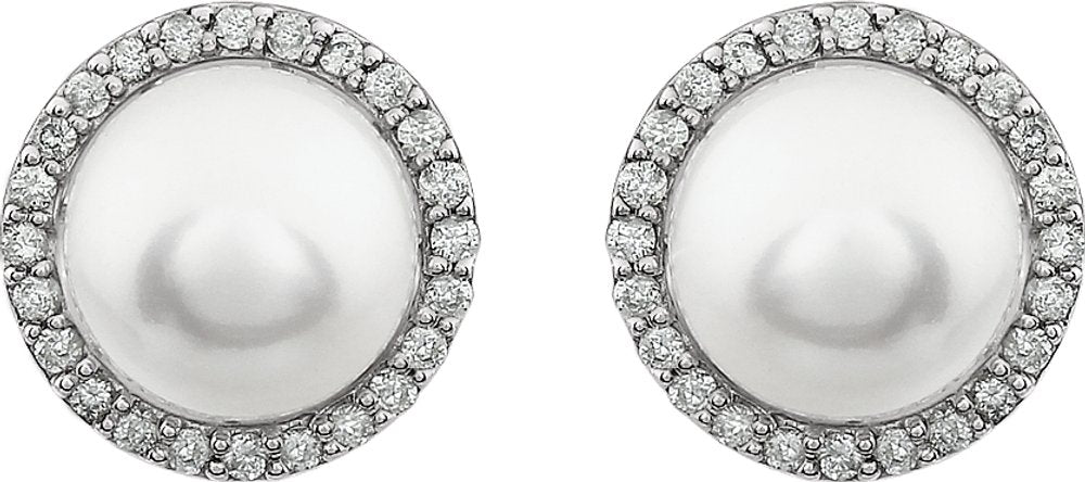 14K White Gold Cultured White Freshwater Pearl & 1/4 CTW Natural Diamond Earrings