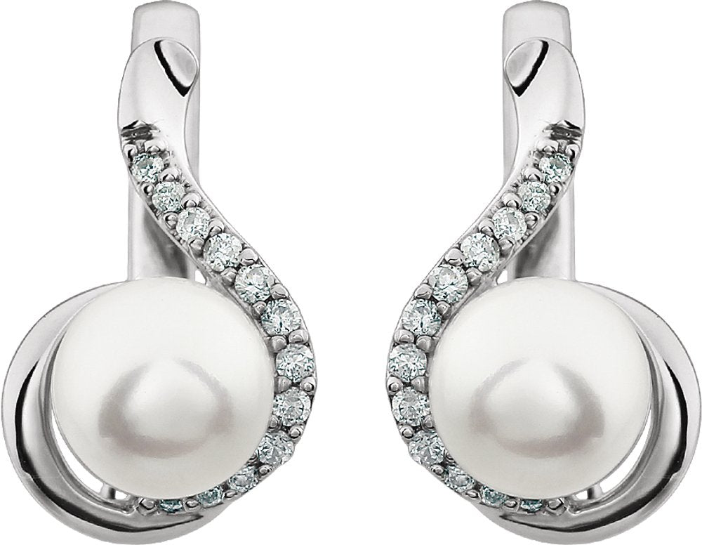 14K White Cultured White Freshwater Pearl & 1/5 CTW Natural Diamond Earrings