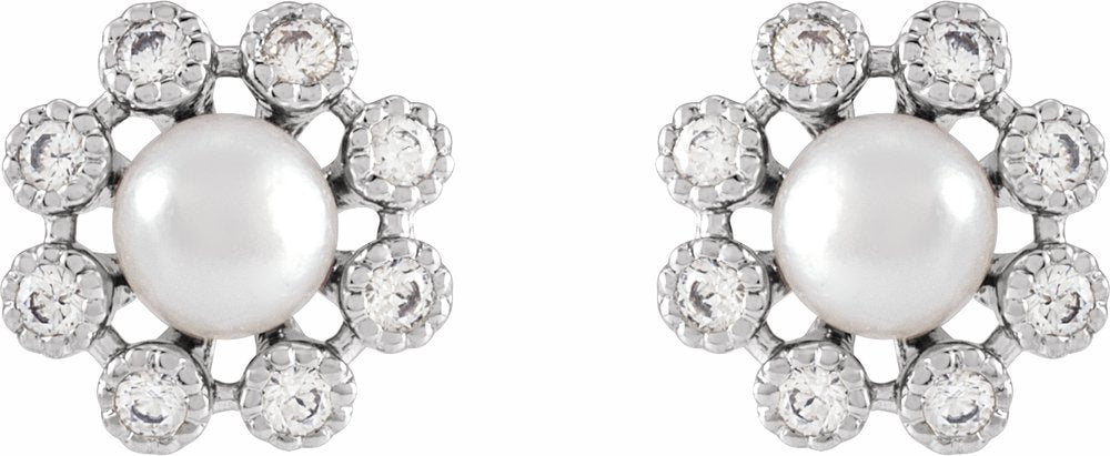14K White Cultured White Freshwater Pearl & 1/8 CTW Natural Diamond Earrings