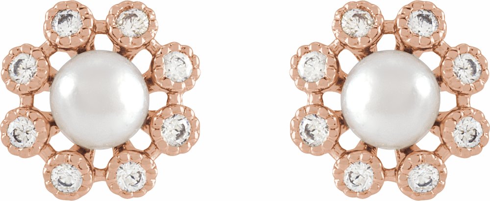 14K Rose Cultured White Freshwater Pearl & 1/8 CTW Natural Diamond Earrings