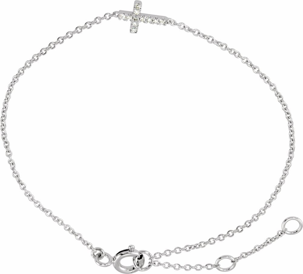 14K White Gold .04 CTW Natural Diamond Sideways Cross Youth 7" Bracelet