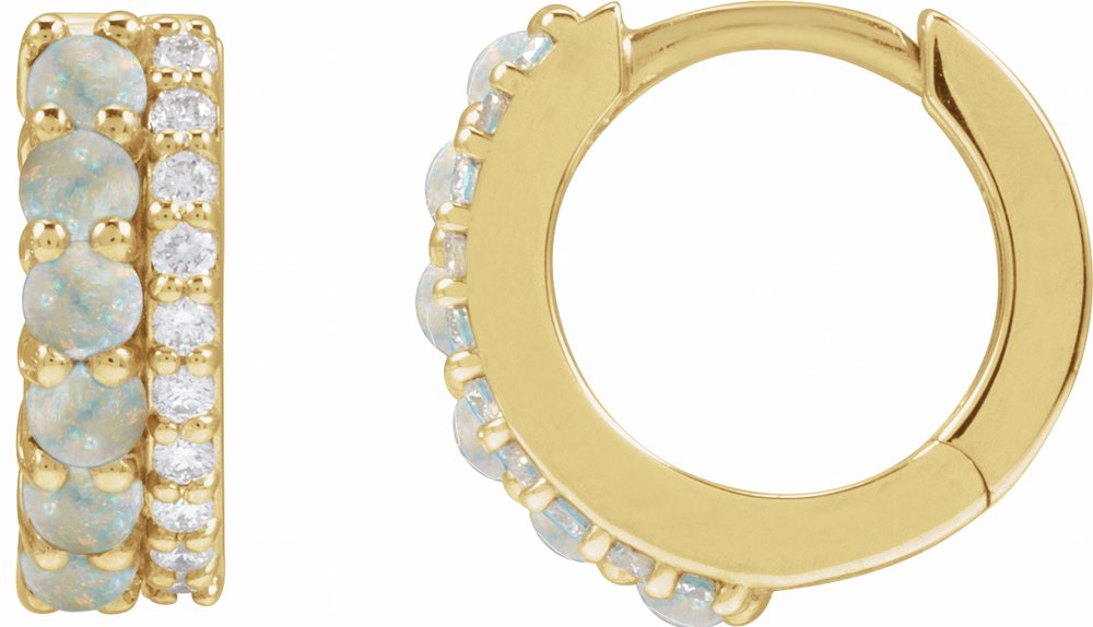 14K Yellow Gold Natural White Opal & 1/8 CTW Natural Diamond Huggie Hoop Earrings