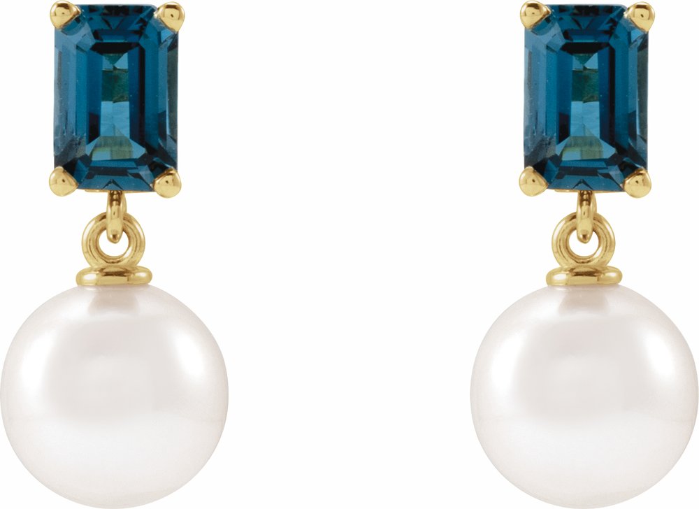 14K Yellow Gold Cultured White Akoya Pearl & Natural London Blue Topaz Earrings