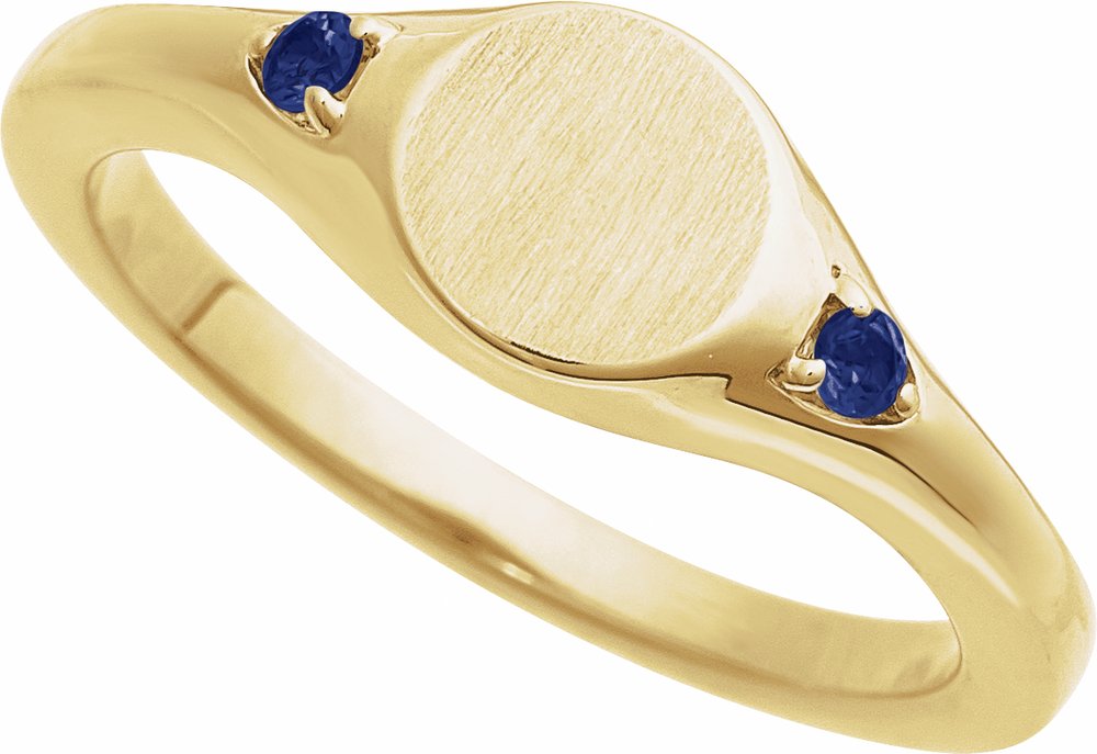 14K Yellow Gold Engravable Lab-Grown Blue Sapphire Signet Ring