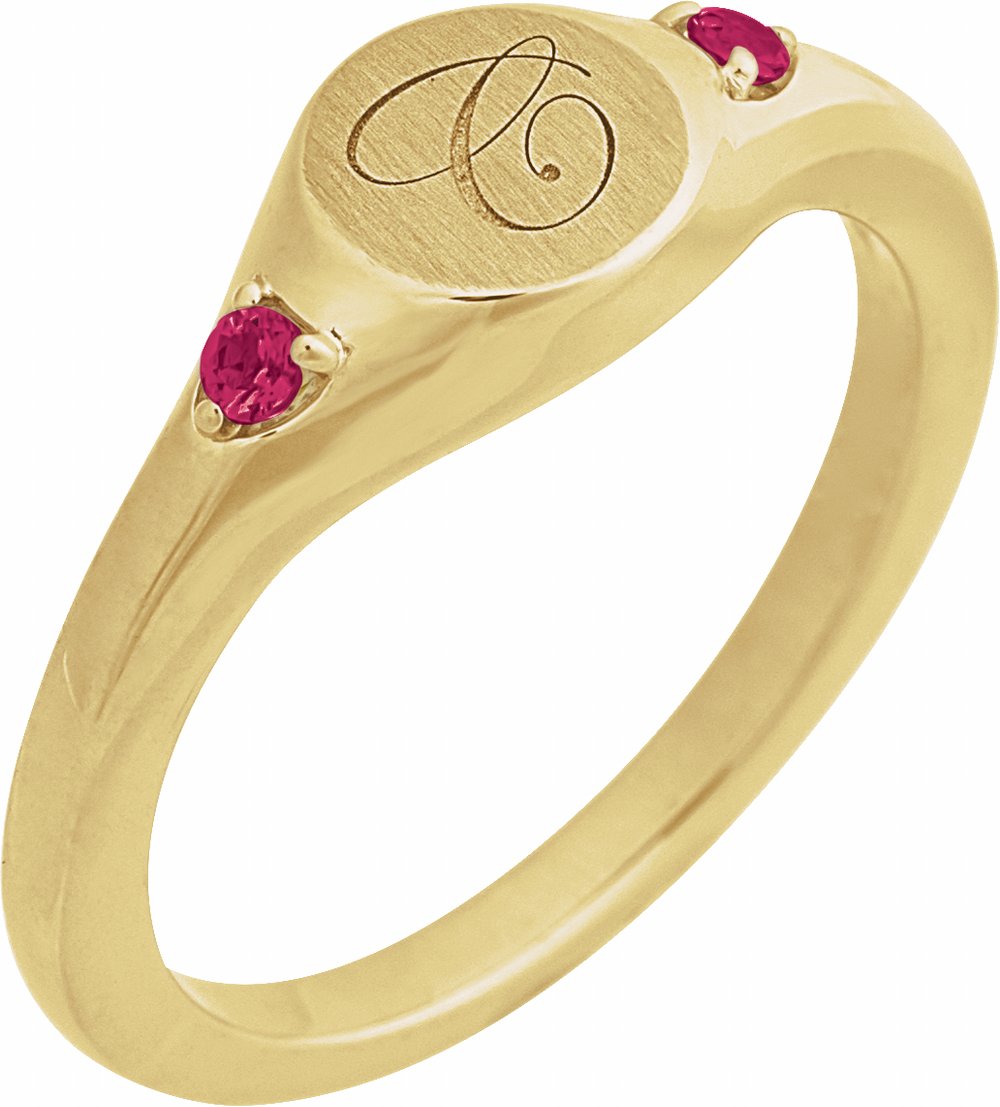 14K Yellow Gold Engravable Lab-Grown Ruby Signet Ring