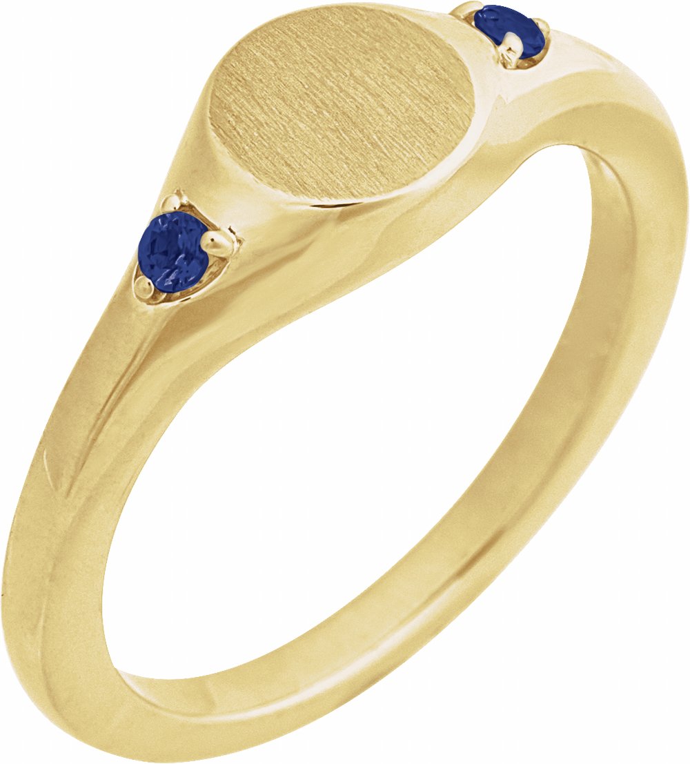 14K Yellow Gold Engravable Lab-Grown Blue Sapphire Signet Ring
