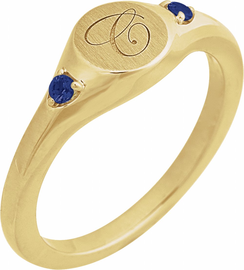 14K Yellow Gold Engravable Lab-Grown Blue Sapphire Signet Ring