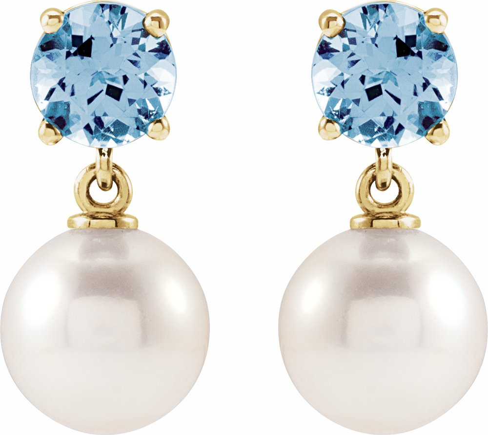 14K Yellow Gold Cultured White Akoya Pearl & Natural Aquamarine