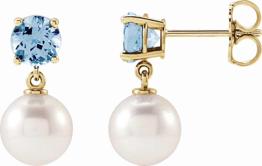 14K Yellow Gold Cultured White Akoya Pearl & Natural Aquamarine