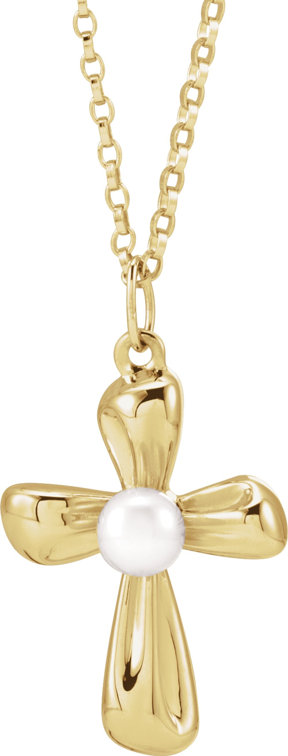 14K Yellow Gold Cultured White Freshwater Pearl Cross 16-18" Necklace