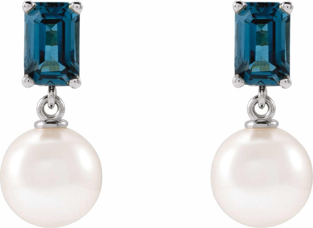 14K White Gold Cultured White Akoya Pearl & Natural London Blue Topaz