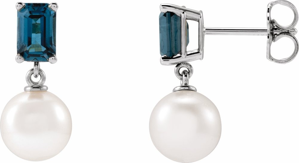 14K White Gold Cultured White Akoya Pearl & Natural London Blue Topaz