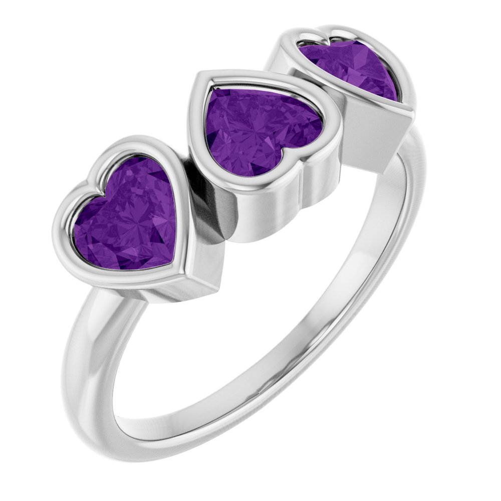 Sterling Silver Natural Amethyst Three-Stone Heart Ring