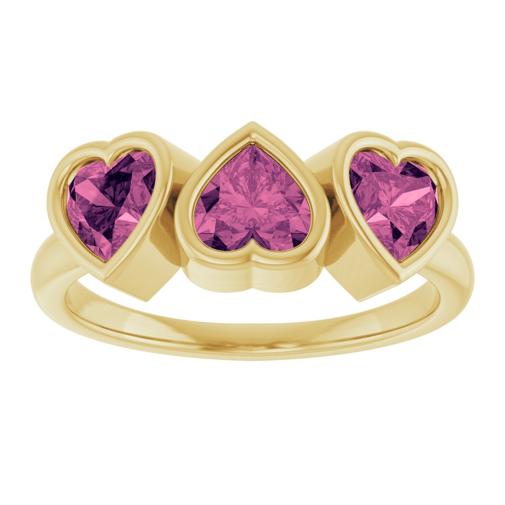 14K Yellow Gold Natural Pink Tourmaline Three-Stone Heart Ring