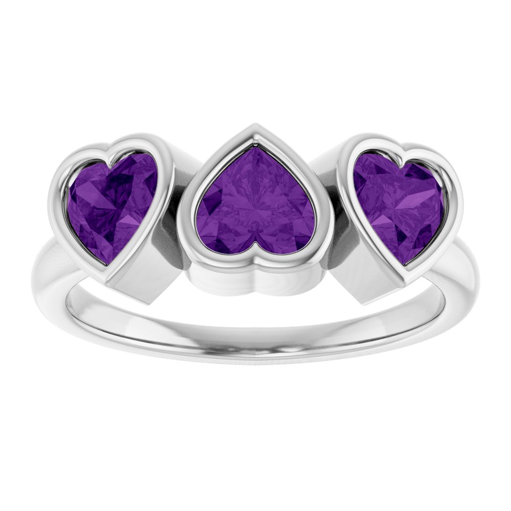 Sterling Silver Natural Amethyst Three-Stone Heart Ring